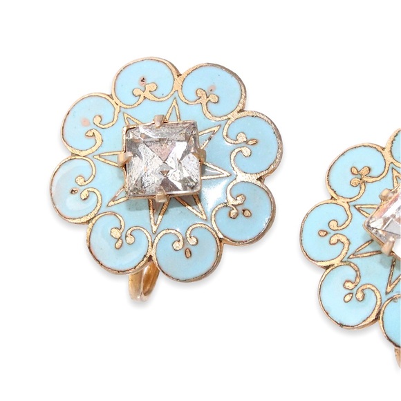 Vintage Blue Enamel Cloisonne Rhinestone Flower Screw Back Earrings Gold Tone - Picture 2 of 4